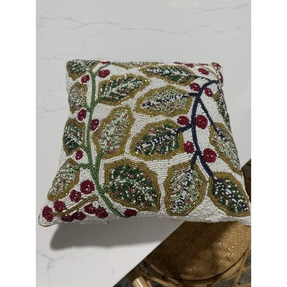 Christmas Throw Pillow Leaves Hand Beaded Gold Accent Holiday Sparkle Rare‎